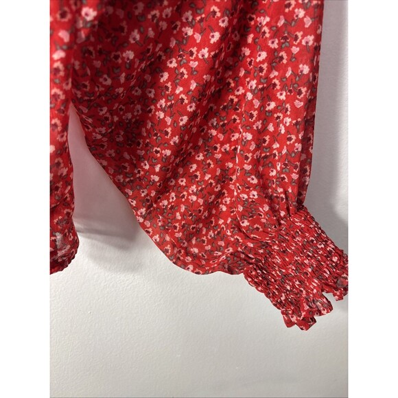 GAP Red & White Dainty Floral Chiffon Long Sleeve Mock Neck Ruffle Blouse M - Picture 2 of 11